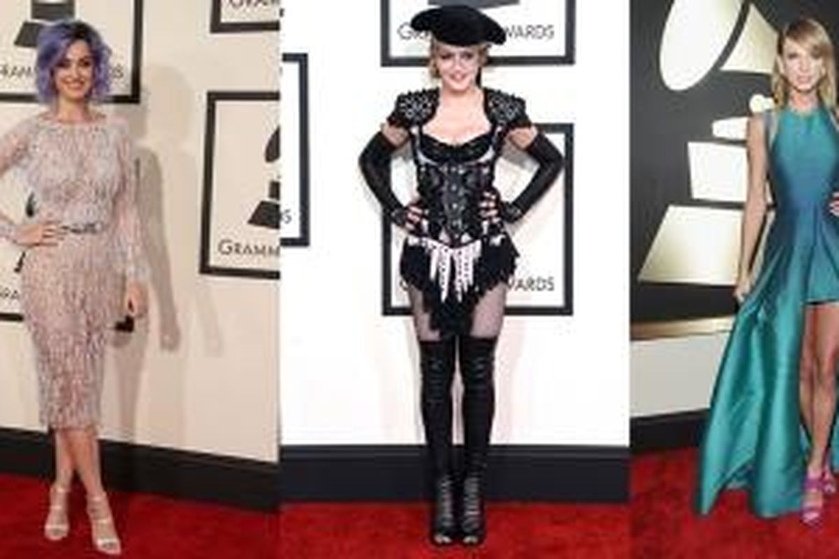 Katy Perry mengenakan karya Zuhair Murad, Madonna dalam stelan matador karya Givenchy dan Taylor Swift yang berbalut gaun karya Elie Saab