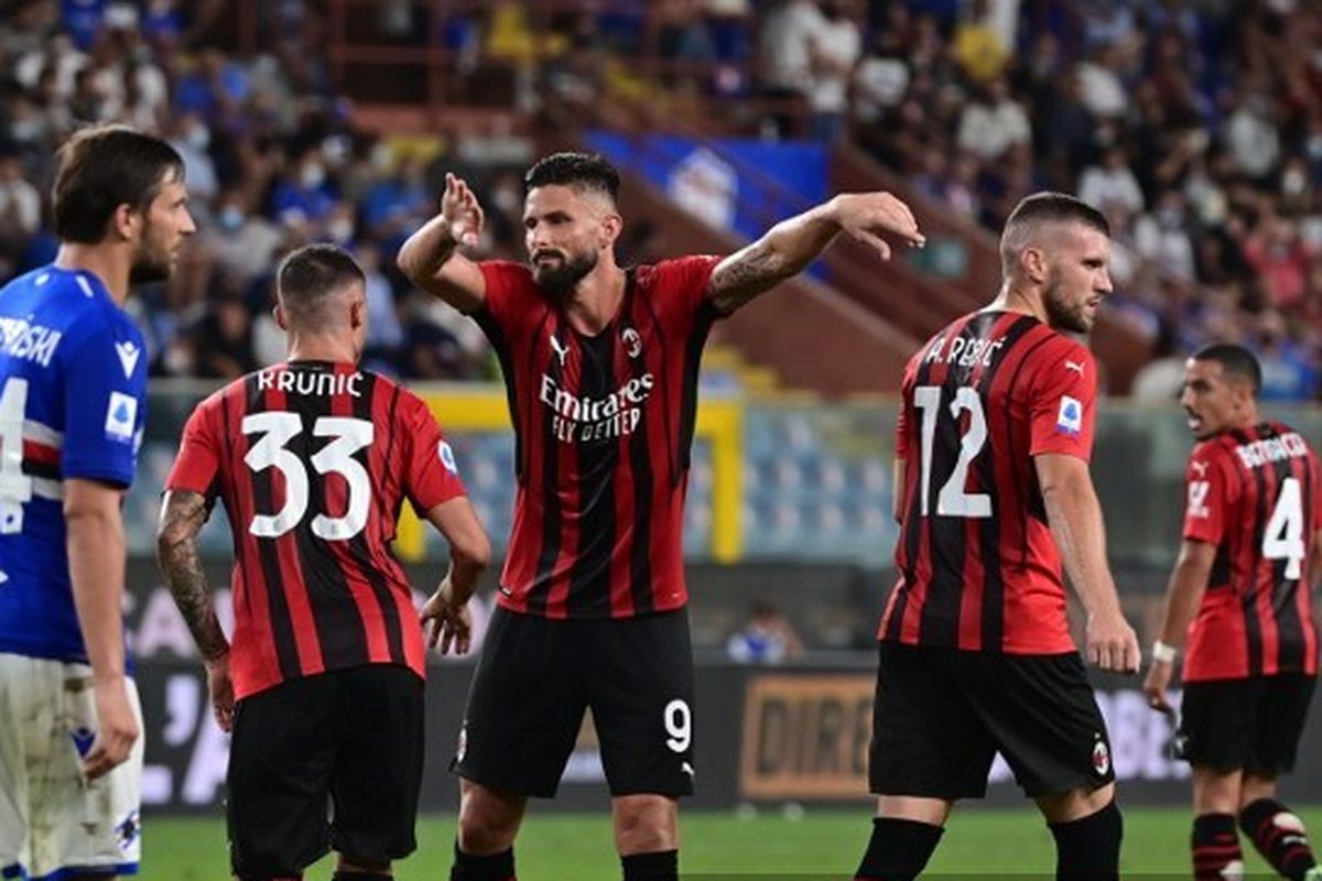 Olivier Giroud dalam laga Sampdoria vs AC Milan di Stadion Luigi Ferraris, Senin (24/8/2021) dini hari WIB.