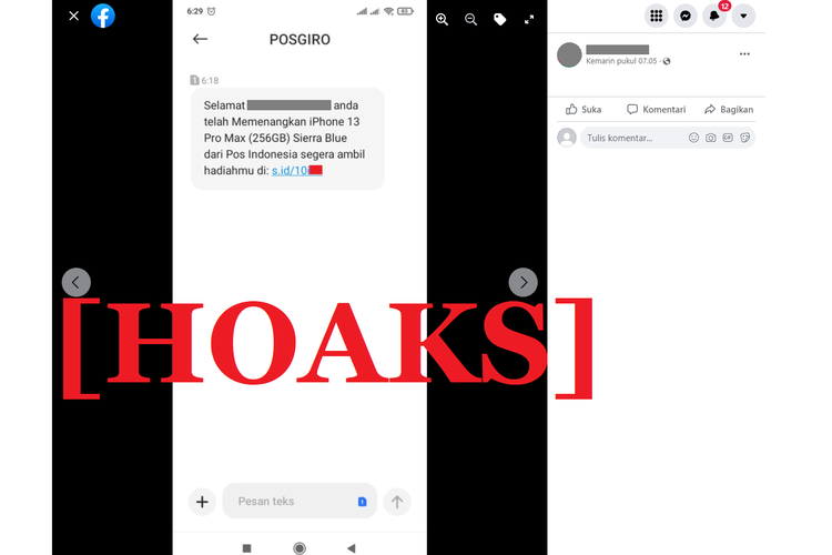 Tangkapan layar unggahan hoaks di sebuah akun Facebook, tentang SMS mengatasnamakan PT Pos Indonesia yang menawarkan pengambilan hadiah melalui link.