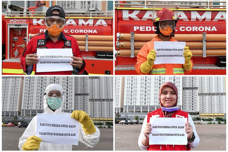 Kolase foto dari relawan Badan Nasional Penanggulangan Bencana (BNPB) dan Palang Merah Indonesia (PMI) membawa tulisan Kami Tetap Bekerja Untuk Kalian, Kalian Tetap di Rumah Untuk Kami di Wisma Atlet, Kemayoran, Jakarta, Sabtu (21/3/2020). Kegiatan tersebut sebagai imbauan bagi masyarakat sebagai upaya pencegahan penyebaran virus COVID-19.