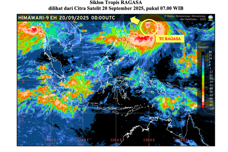 Badan Meteorologi, Klimatologi, dan Geofisika (BMKG) masih mendeteksi keberadaan Siklon Tropis Ragasa di sekitar wilayah Indonesia.