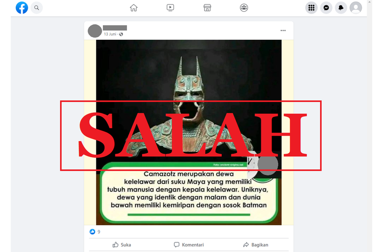 Tangkapan layar unggahan dengan narasi keliru di sebuah akun Facebook, 13 Juni 2022, mengenai patung Dewa Camazotz yang diklaim mirip dengan Batman.