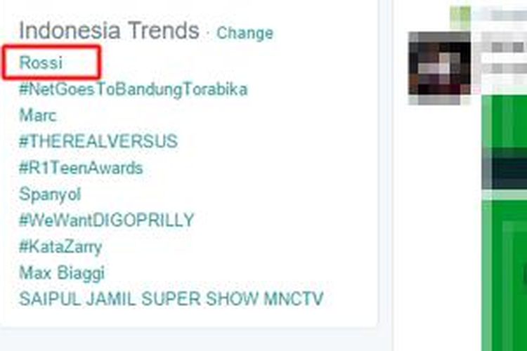 Rossi menjadi trending topik di Indonesia pada Minggu (8/11/2015) malam seusai balapan di Valencia, Spanyol. Jorge Lorenzo menjadi juara dunia MotoGP.