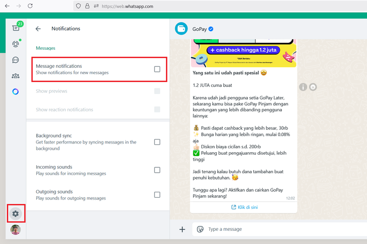 Cara menghilangkan notifikasi WhatsApp Web di laptop