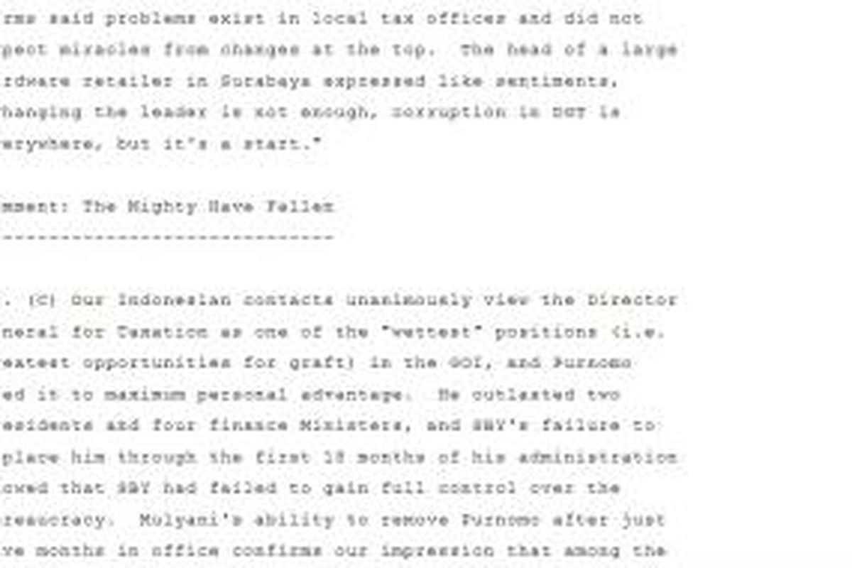 Cuplikan penjelasan dari kawat diplomatik rahasia berkode JAKARTA 00005420 001.2 OF 004 yang dilansir Wikileaks.org.