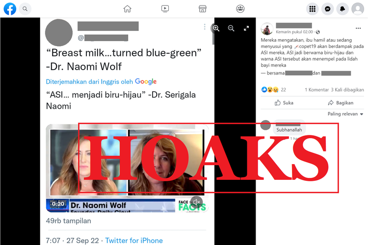 Tangkapan layar unggahan dengan narasi hoaks di sebuah akun Facebook, Rabu (28/9/2022), yang menyebut bahwa ASI berubah warna menjadi biru-hijau setelah vaksin Covid-19.
