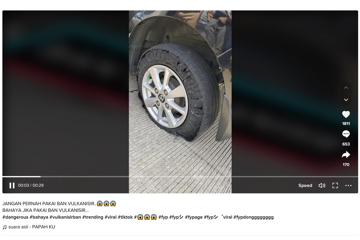 Video viral di media sosial memperlihatkan kondisi ban pecah di salah satu mobil. Dugaan yang beredar ban tersebut meletus karena ban vulkanisir.