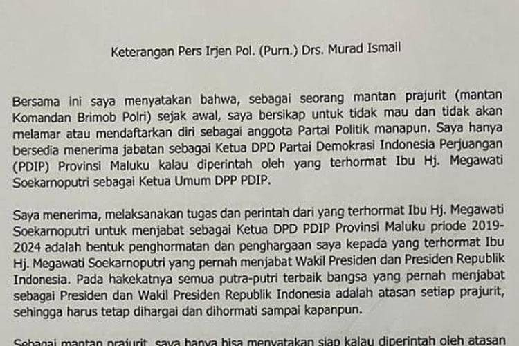 Surat penyataan Murad Ismail yang beredar mengenai pencopotan dirinya dari Ketua DPD PDI-P.