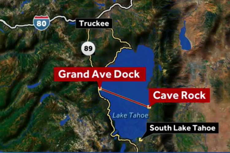 Jalur penyeberangan James Savage di Danau Tahoe, antara Grand Ave Dock dan Caver Rock, sejauh 19 kilometer.