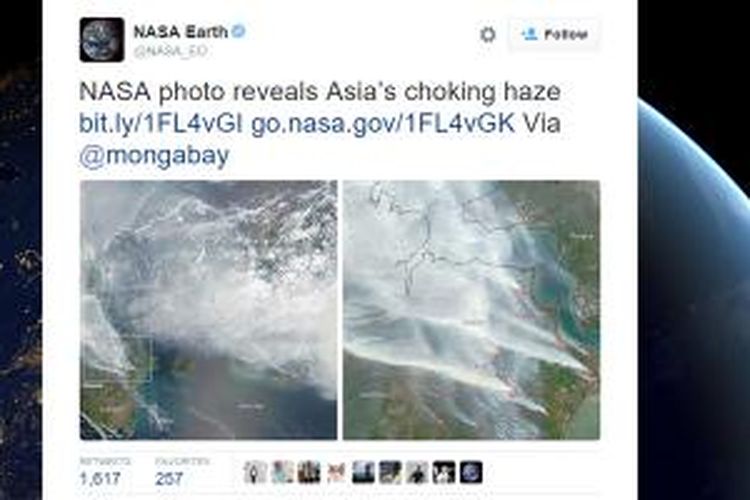 Foto kabut asap di Indonesia yang dibuat oleh satelit NASA