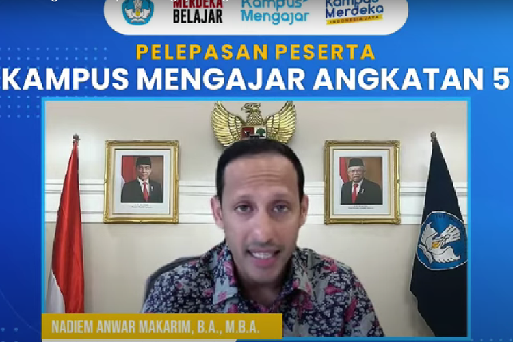 Menteri Pendidikan, Kebudayaan, Riset dan Teknologi (Mendikbud Ristek) Nadiem Makarim saat acara pelepasan peserta Kampus Mengajar angkatan 5, Jumat (17/2/2023).