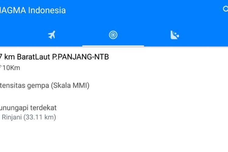 Tampilan menu informasi gempa bumi di aplikasi Magma Indonesia