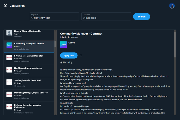 Tangkapan layar tampilan fitur baru X Job Search. Pengguna bisa melihat job desk, kualifikasi, benefit, hingga menu Apply.