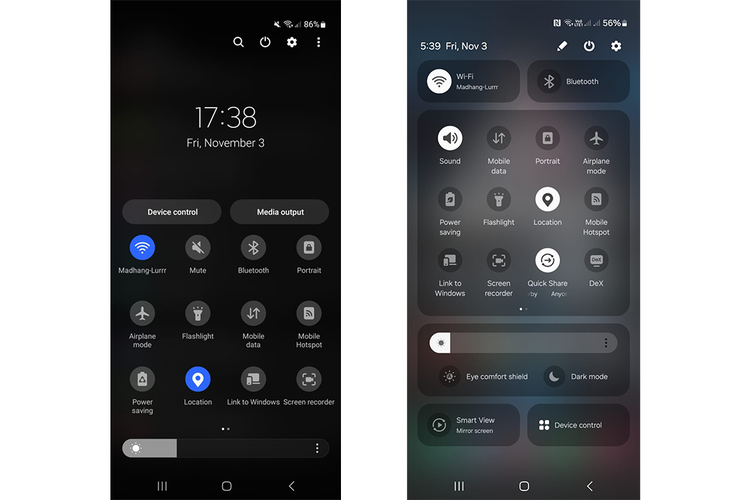 (kiri-kanan) Tampilan panel kontrol Samsung OneUI versi lama dengan versi terbaru