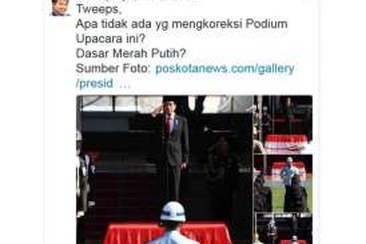 Wakil Ketua Umum Partai Demokrat Roy Suryo berkomentar dalam akun Twitter miliknya @KRMTRoySuryo soal penggunaan warna merah putih sebagai alas podium Presiden Joko Widodo dalam peringatan Hari Kesaktian Pancasila di Museum Lubang Buaya, Jakarta, Senin (1/10/2016).