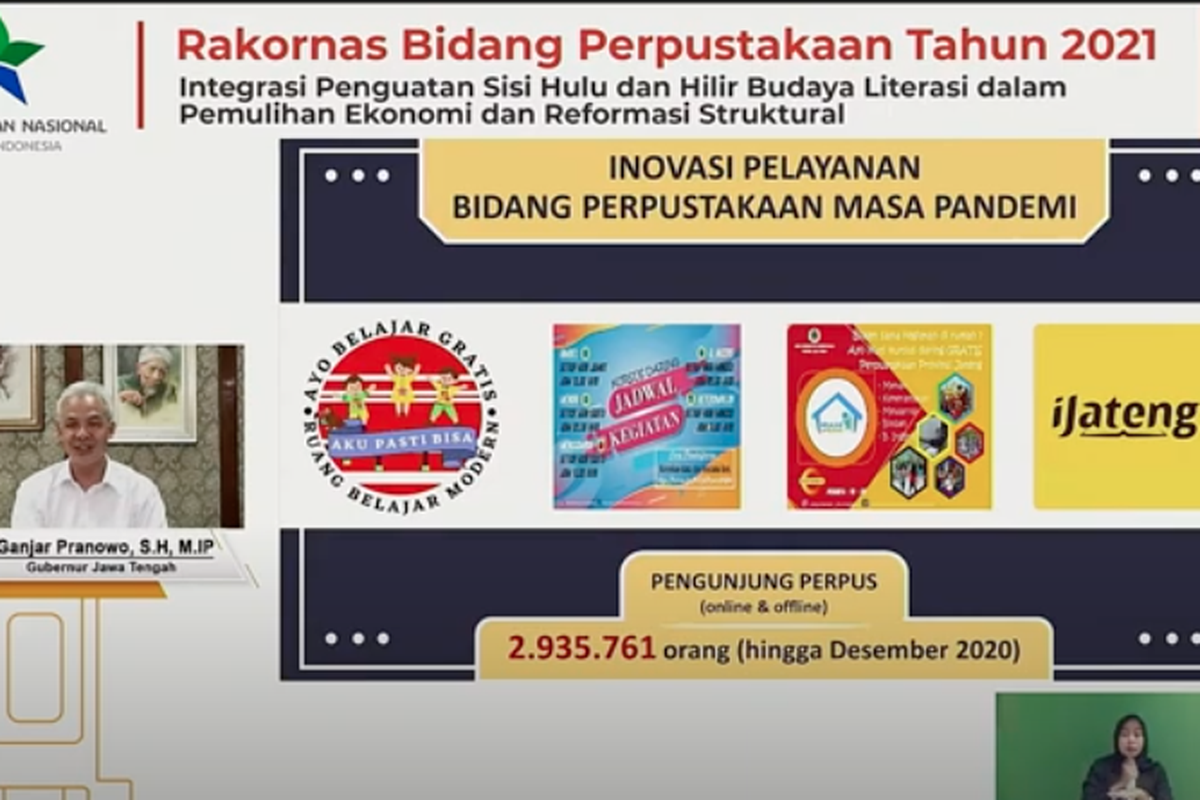 Gubernur Jawa Tengah, Ganjar Pranowo, dalam Rapat Koordinasi Nasional Bidang Perpustakaan tahun 2021, pada hari ke-1, Senin, (22/3/2020).