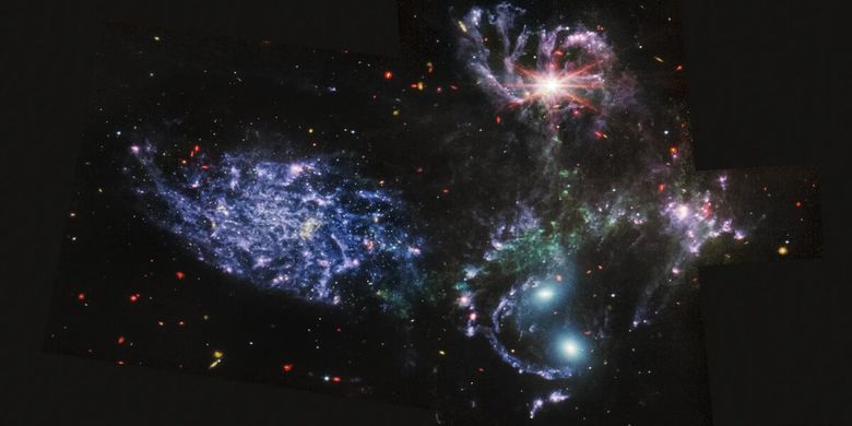 Stephan's Quintet - Kelompok 5 galaksi, teleskop James Webb. Foto galaksi di alam semesta hasil bidikan Teleskop Luar Angkasa James Webb.