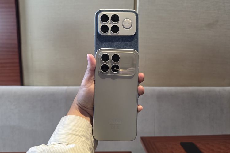 Poco F8 Ultra (atas) dan Poco F8 Pro (bawah) menampilkan pendekatan desain belakang yang berbeda. Varian Ultra dibekali aksen speaker Bose dengan kompartemen khusus berpola jaring, sementara versi Pro mengusung tampilan punggung yang lebih bersih tanpa elemen speaker tambahan.