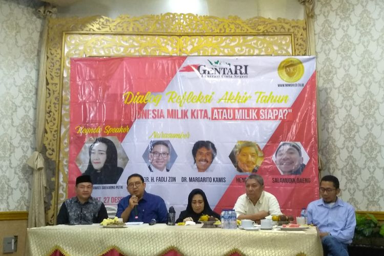Fadli Zon saat menjadi pembicara dalam diskusi Indonesia Milik Kita atau Miliki Siapa? di Restoran Raden Bahari, Jakarta, Jumat (26/12/2019).