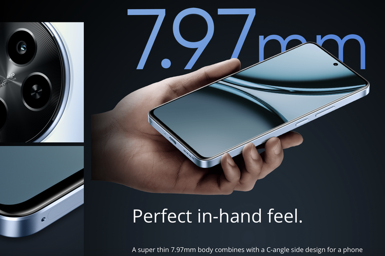 Ilustrasi layar depan Realme Narzo 70 5G yang mengadopsi model layar datar dan membulat di keempat sisinya