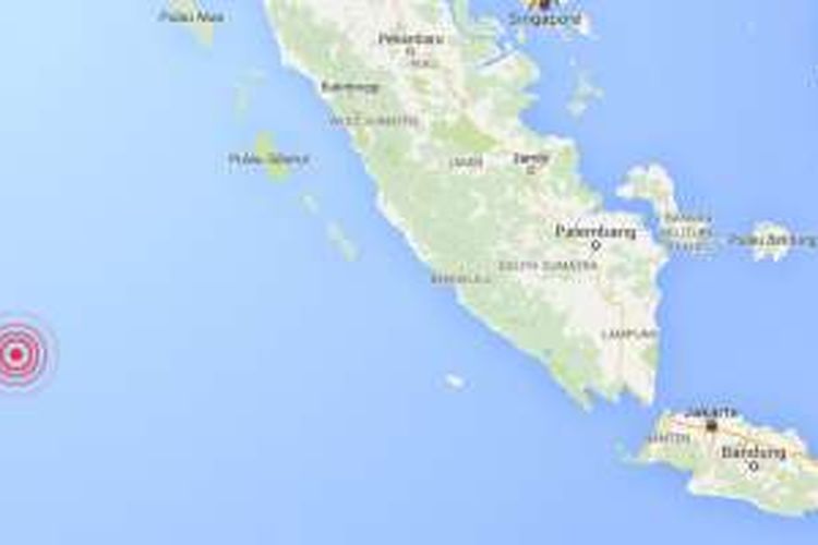 Lokasi gempa berkekuatan 7,8 Skala Ritcher pada Rabu (2/3/2015) pukul 19.49 WIB pada jarak 793 km barat daya Kota Padang, Sumatera Barat.