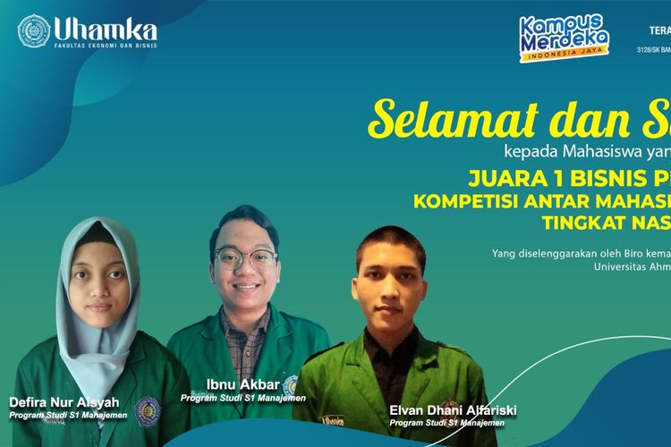 Mahasiswa program Studi Manajemen Fakultas Ekonomi dan Bisnis Universitas Muhammadiyah Prof. Dr. Hamka (Uhamka), raih prestasi menjadi Juara 1 Business Plan Kompetisi Antarmahasiswa Baru Tingkat Nasional 2021.