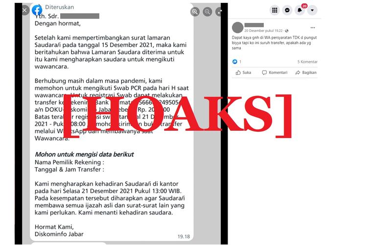 Tangkapan layar pesan hoaks biaya registrasi lamaran kerja mengatasnamakan Diskominfo Jabar, yang beredar di Facebook.