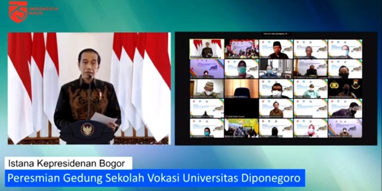 Presiden Jokowi saat memberikan sambutan pada acara peresmian Gedung Sekolah Vokasi Universitas Diponegoro (Undip), Rabu (26/8/2020) secara daring.