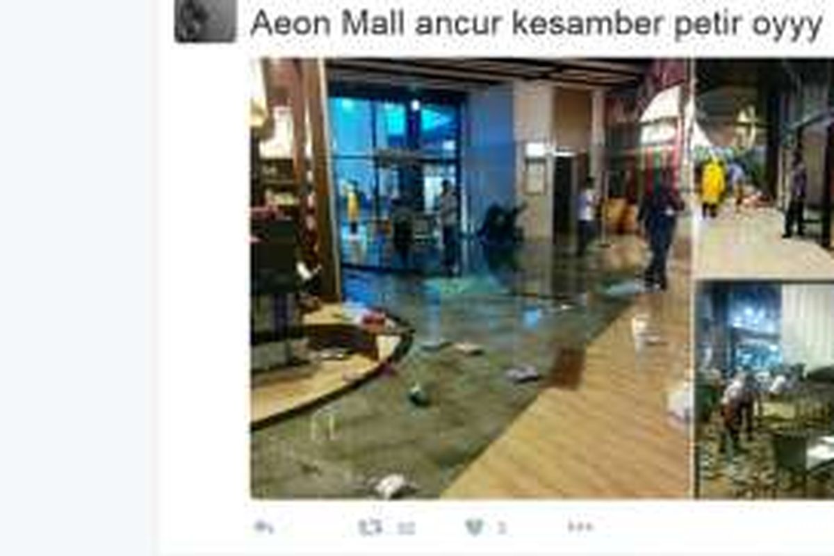 Hujan deras mengakibatkan pintu kaca AEON Mall, Tangerang, hancur, Rabu (20/4/2016)