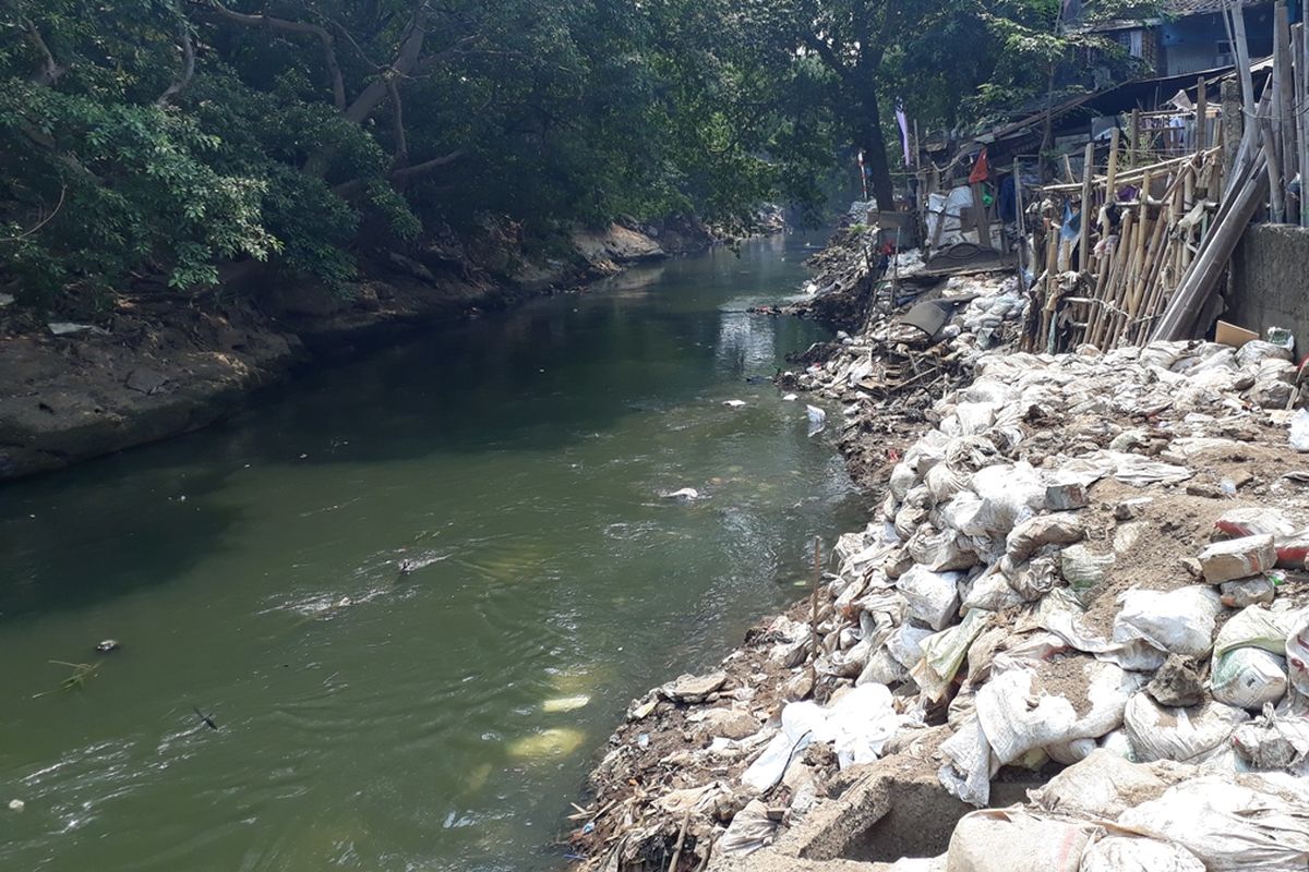 Kondisi Bantaran Kali Ciliwung di Jalan Kebon Pala Tanah Rendah, Kampung Melayu, Jakarta Timur Pasca Pembersihan Reklamasi, Senin (19/8/2019).