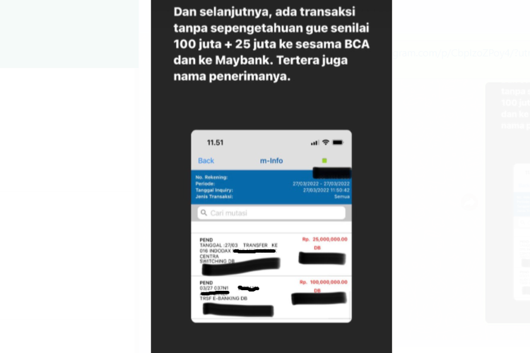 Tangkapan layar unggahan soal seorang nasabah BCA yang terkena skimming sebanyak Rp 135 juta.