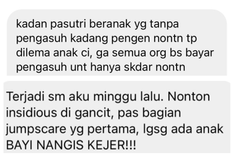 Tangkap layar cerita warganet soal penonton film yang bawa anak ke bioskop.