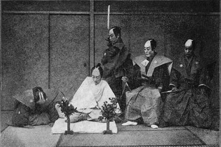 Ilustrasi samurai melakukan ritual bunuh diri kuno seppuku. [Via Geisha World]