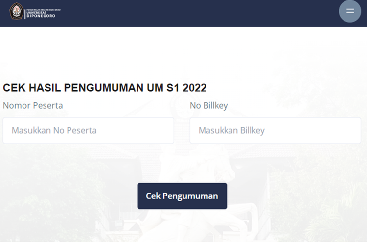 Tangkapan layar laman pendaftaran.undip.ac.id untuk mengecek hasil seleksi UM Undip 2022.