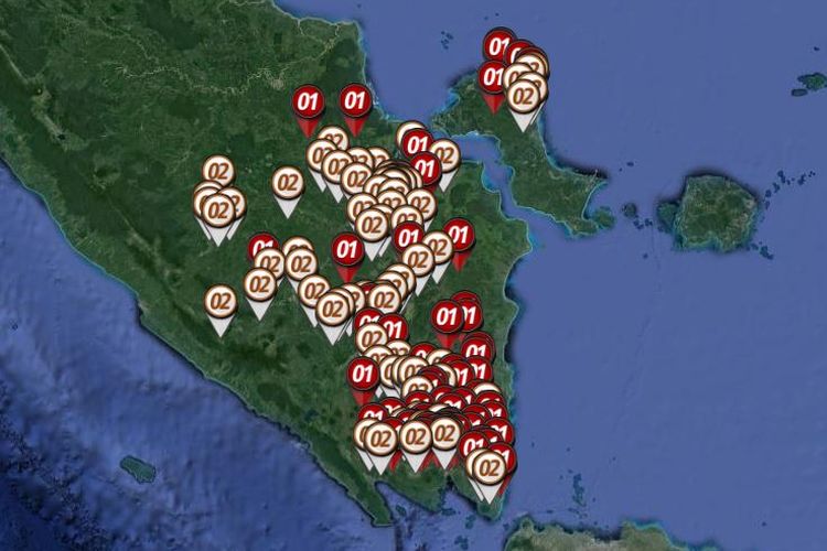 Peta sebaran hitung cepat atau quick count Pilpres 2019 yang dirilis oleh Litbang Kompas pada Rabu (17/4/2019) hingga pukul 23.00 WIB di Sumatera bagian selatan yang meliputi Sumatera Selatan, Bangka Belitung, dan Lampung.