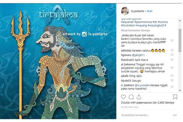 Salah satu seniman asal Surabaya, Is Yuniarto (37) membuat tokoh wayang Aquaman dengan versi digital yang bernama Tirtajalma.