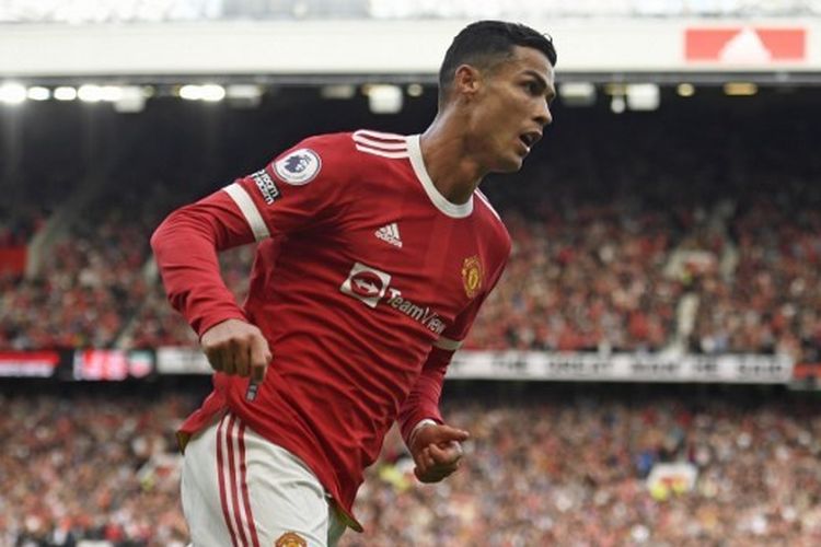 Cristiano Ronaldo setelah mencetak gol dalam pertandingan Man United vs Newcastle pada pekan keempat Liga Inggris 2021-2022 di Stadion Old Trafford, Sabtu (11/9/2021) malam WIB.