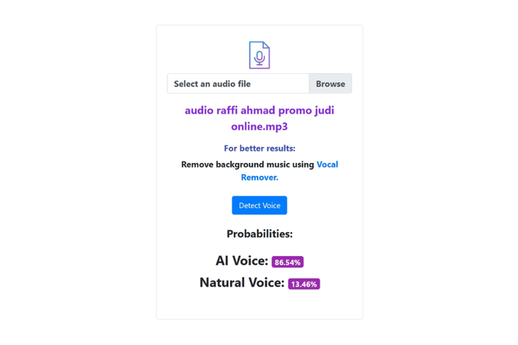Hasil deteksi AI Voice Detector untuk video Raffi Ahmad promosi judi online