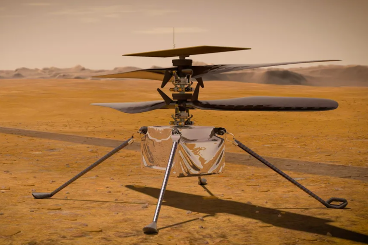 Ilustrasi helikopter Ingenuity  yang melakukan penerbangan di Mars .

