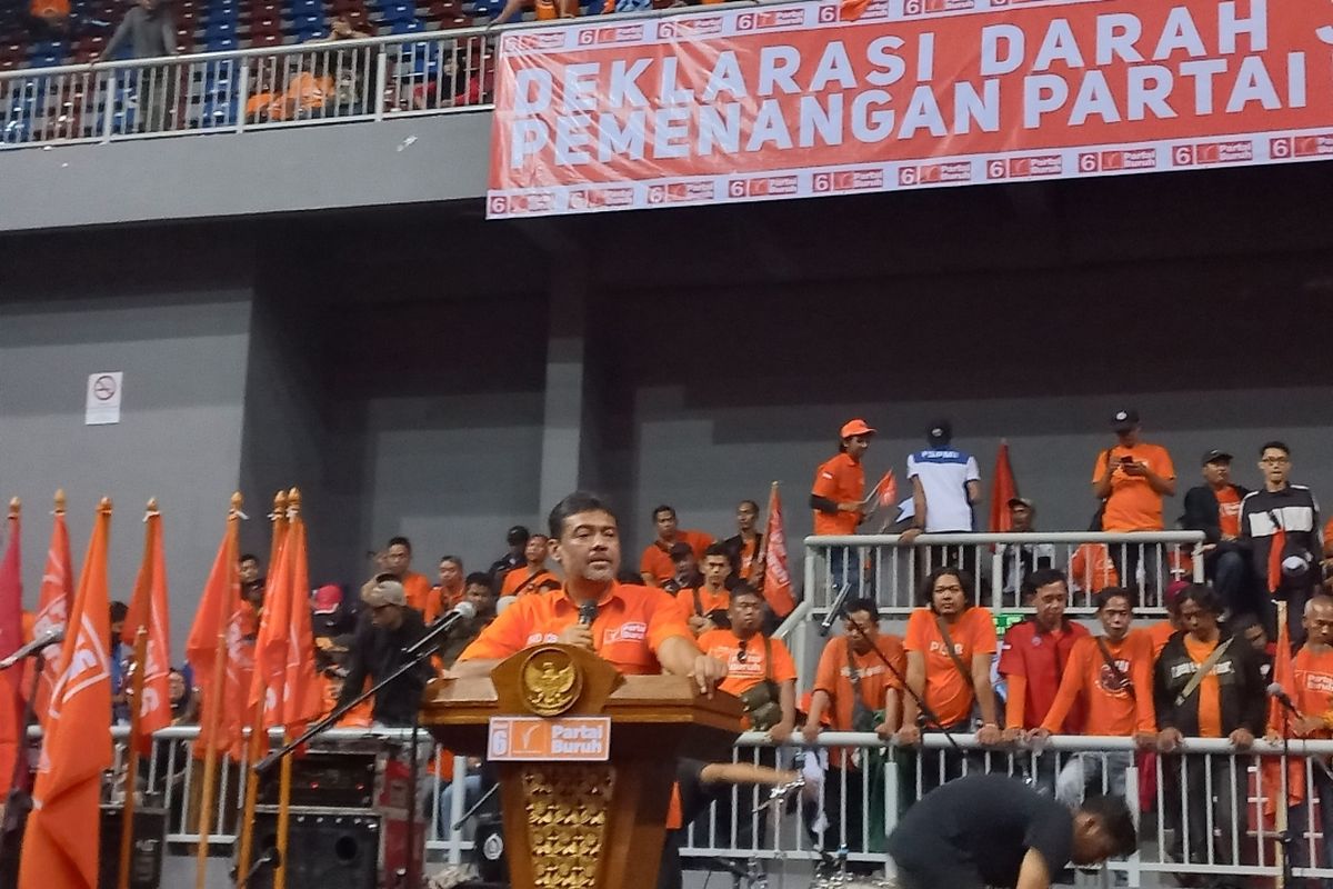Presiden Partai Buruh Said Iqbal saat membuka Rakernas 2023 di Sport Hall, Kelapa Gading, Jakarta Utara pada Sabtu (14/1/2023).