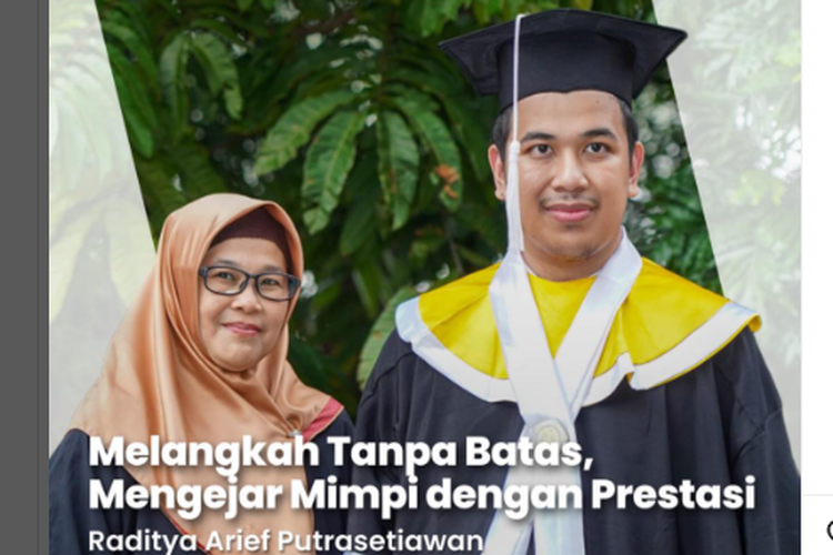 Penyandang tunanetra Raditya Arief Putrasetiawan berhasil lulus dari Program Studi (Prodi) Sastra Arab Universitas Indonesia (UI) dengan Indeks Prestasi Kumulatif (IPK) 3,84.