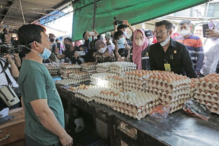 Menteri Pertanian (Mentan) Syahrul Yasin Limpo (SYL) sedang berbincang dengan salah satu pedagang telur ayam di salah satu pasar di Indonesia.