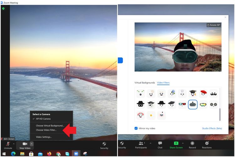 Cara ganti filter wajah ketika video telekonferensi Zoom sedang berjalan.