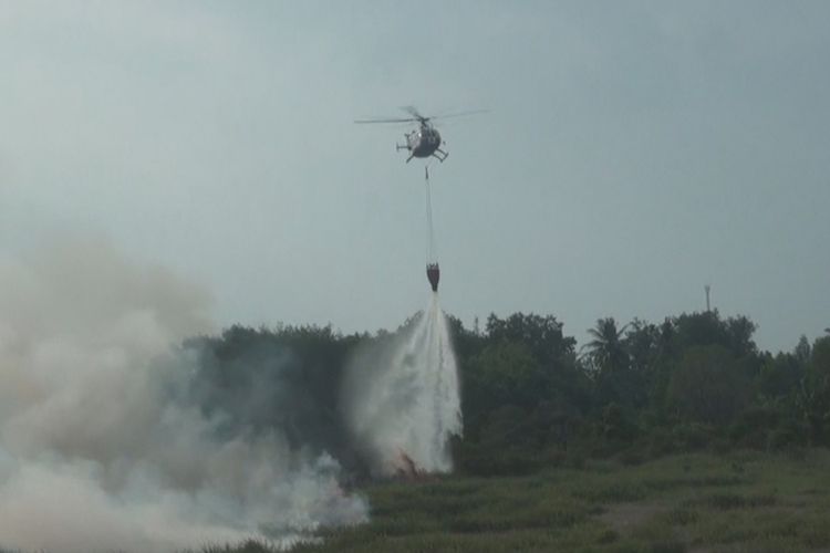 Ilustrasi helikopter water bombing tampak melakukan penyiraman dari udara terhadap lahan yang terbakar. 