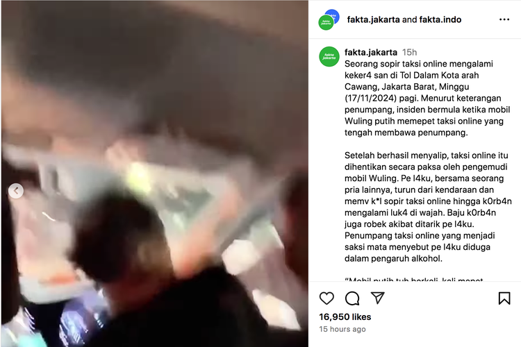 Video sopir taksi online dianiaya oleh pengemudi mobil di tol dalam kota arah Cawang