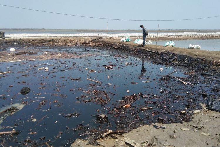 Banjir rob air laut dan oil spill di Karawang, Jawa Barat, Sabtu (31/8/2019).
