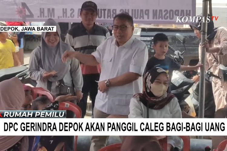 Rekaman video yang beredar, menampilkan Dapil Jawa Barat VI Haposan Paulus Batubara tampak membagikan uang kepada ibu-ibu di kegiatan kampanye di Sawangan, Depok, Minggu (21/1/2024).