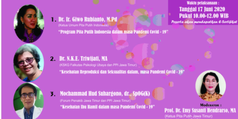 Webinar nasional hasil kolaborasi Pita Putih Indonesia, KSGK-FP Ubaya, Asosiasi Pusat Studi Wanita/Gender dan Anak Indonesia, Forum Penakib (17/6/2020).