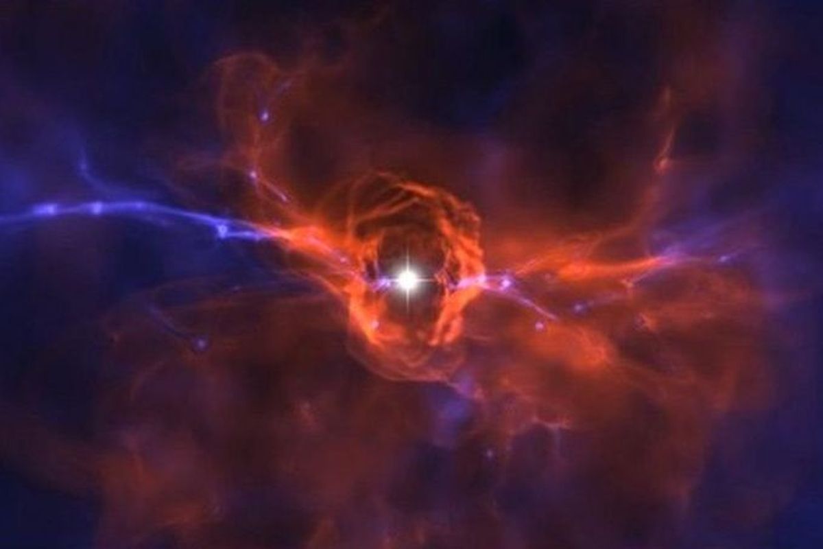 Ilustrasi penampakan bintang pertama yang terbentuk di alam semesta kita. Bintang generasi awal ukurannya sangat besar dan berumur pendek.