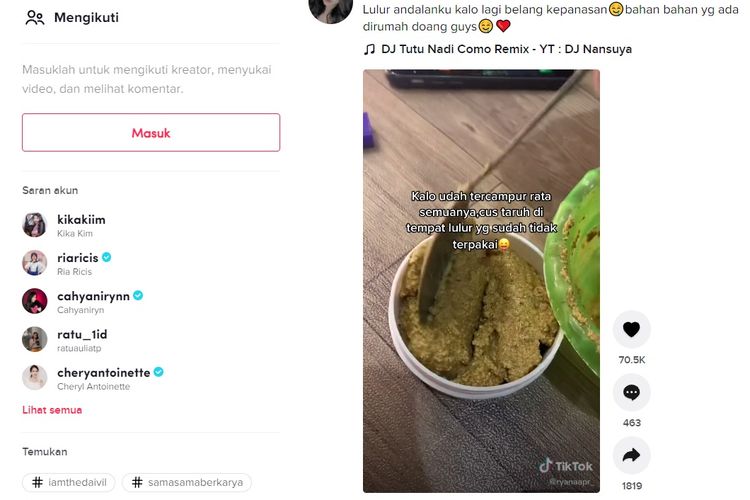 Tangkapan layar unggahan cara buat lulur dari campuran kunyit, kopi, dan beras di TikTok.